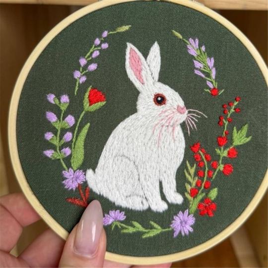 Lapin au jardin – kit broderie traditionnelle avec Cercle 15 cm