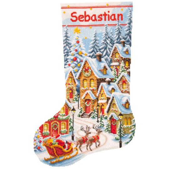 Un village illuminé - Kit chaussette de Noël à broder - Vervaco