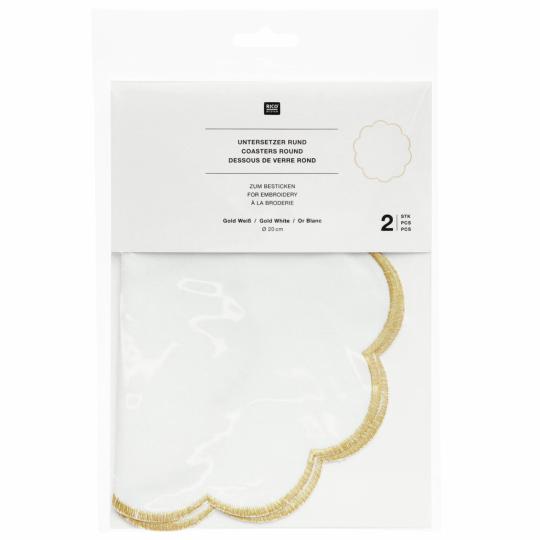 Sous-verres ronds à broder dorés/blancs Ø20 cm – Lot de 2