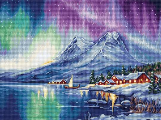 Kit Broderie Point De Croix Aurore Boréale 11CT - Toile Pré-imprimée 40x50 Cm - Complet Avec Fils Et Aiguilles - Pour Débutants