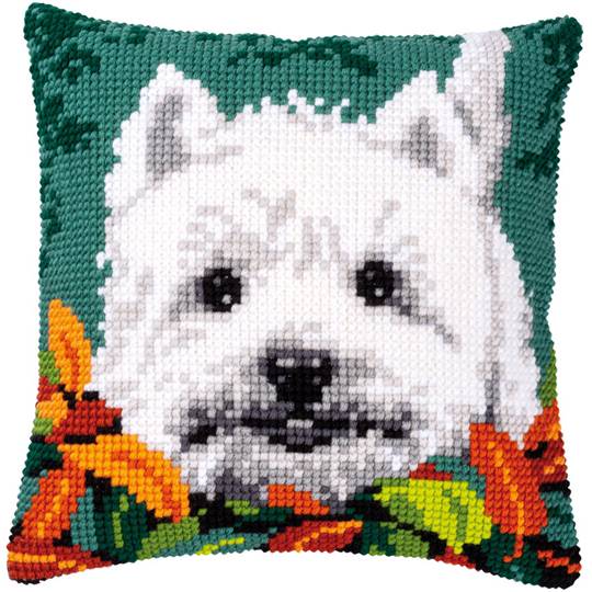 Westie entre Feuilles - kit Coussin gros trous - Vervaco