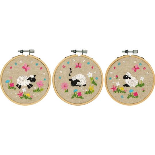 Moutons dans le pré (lot de 3)  - Kits à broder avec cercle - Vervaco