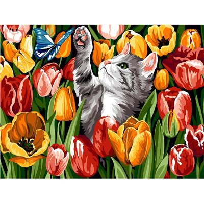 Dans les Tulipes - Canevas Chat et Fleurs - SEG de Paris