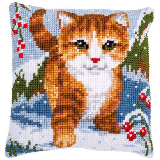 Chat dans la Neige - kit Coussin gros trous - Vervaco